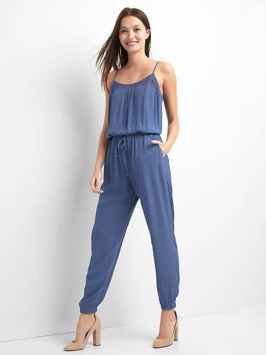 Gap Women Sleeveless Crochet Jumpsuit - Docksider Blue