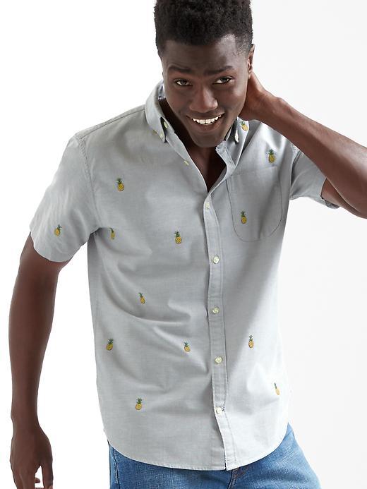 Gap Men Oxford Pineapple Short Sleeve Slim Fit Shirt - Pilot Gray