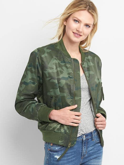Gap Women Camo Nylon Bomber Jacket - Camo Print