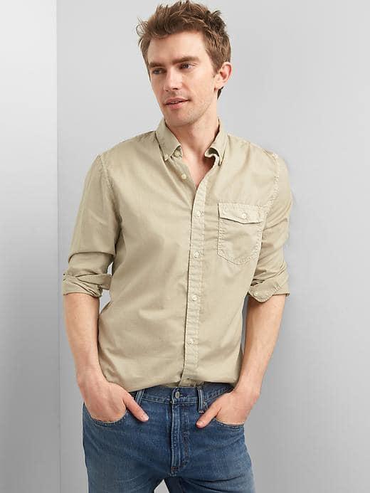 Gap Men True Wash Poplin Garment Dye Slim Fit Shirt - Khaki