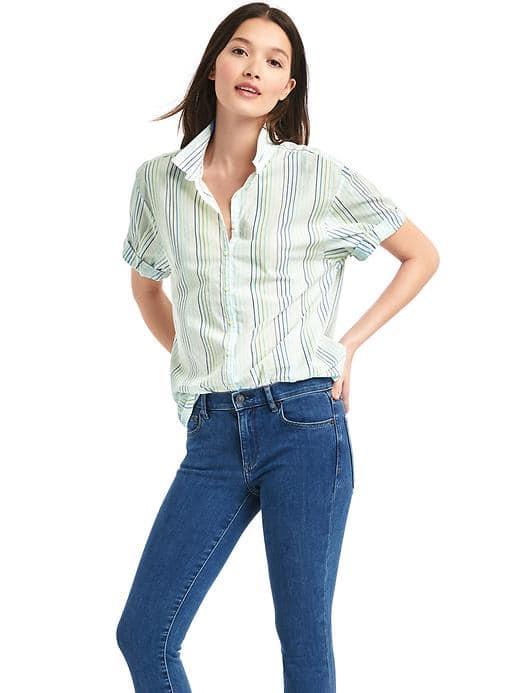 Gap Women Stripe Roll Cuff Shirt - Blue & Green Stripe