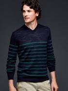Gap Stripe Merino Slub V Neck Sweater Slim Fit - Dark Night