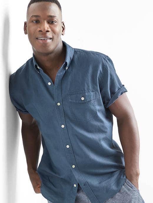 Gap Men Linen Cotton Short Sleeve Standard Fit Shirt - Blue Pearl