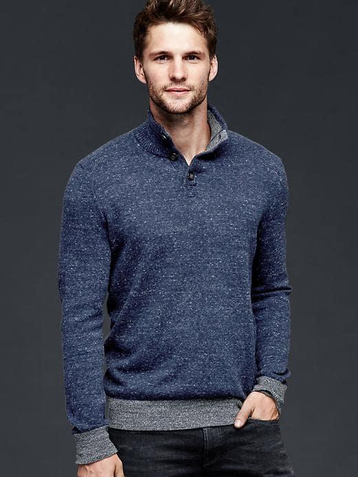 Gap Men Marled Button Mockneck Sweater - Navy Heather