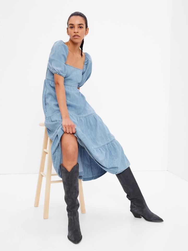 Denim Tiered Puff Midi Dress With Washwell