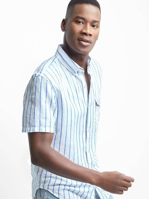 Gap Men Linen Cotton Stripe Short Sleeve Shirt - Blue/white Stripe