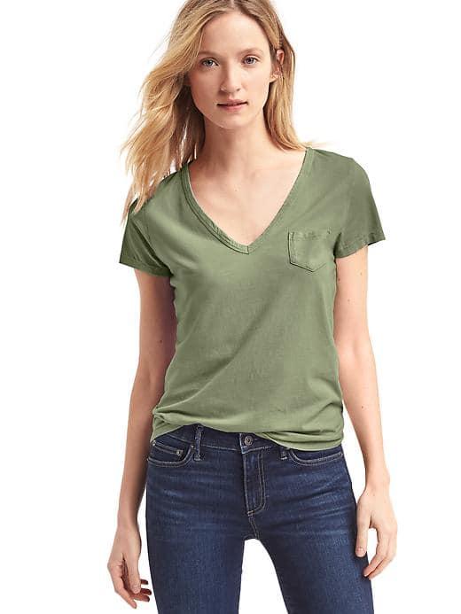 Gap Women Vintage Wash V Neck Tee - Jungle Green