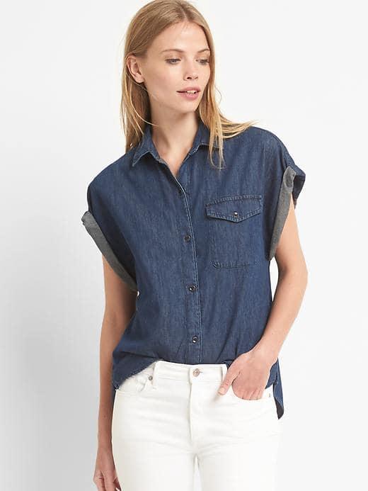 Gap Women Roll Sleeve Denim Shirt - Dark Indigo