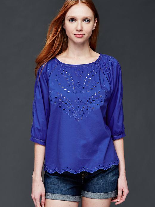 Gap Women Three Quarter Sleeve Eyelet Top - Mosaic Blue