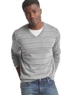 Gap Men Merino Wool Stripe V Neck Sweater - White & Grey