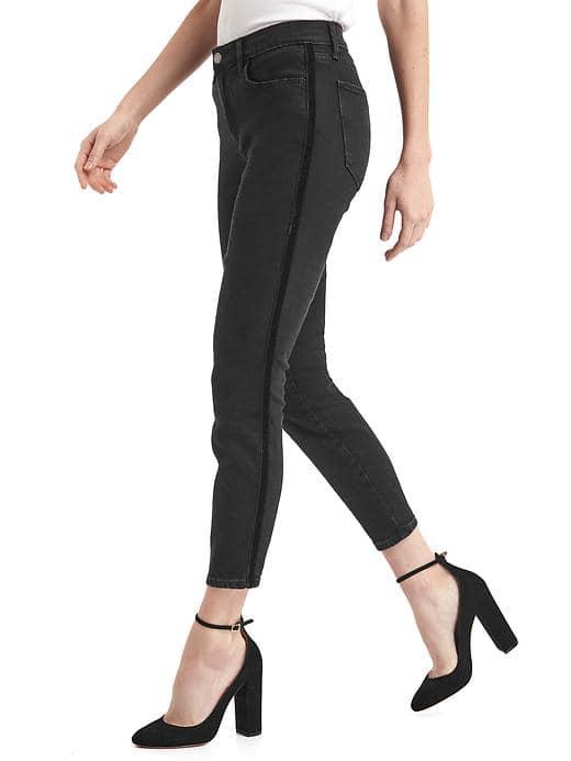 Gap Women Mid Rise Velvet Stripe True Skinny Ankle Jeans - Solid Black