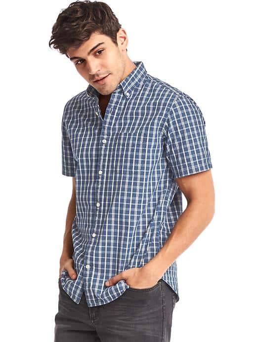 Gap Men Indigo Twill Plaid Short Sleeve Standard Fit Shirt - Navy