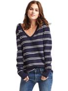 Gap Stripe Deep V Neck Sweater - White Stripe