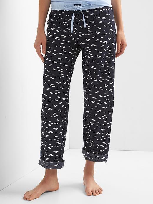 Gap Women Poplin Print Sleep Pants - Tiny Fish Dark Indigo