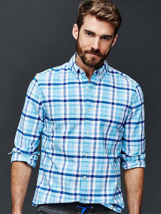 Gap Men Oxford Summer Plaid Slim Fit Shirt - Cyan Blue