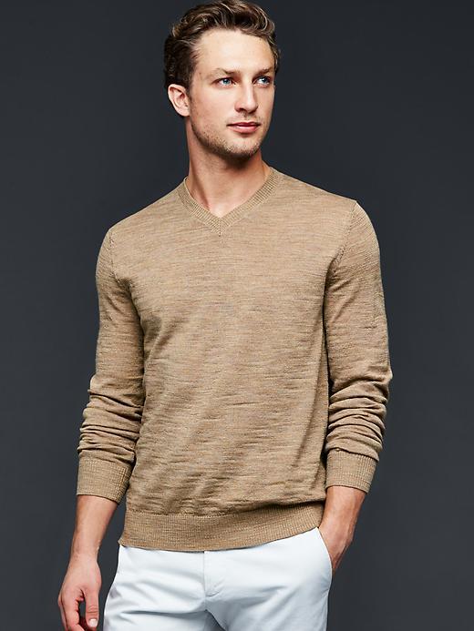 Gap Merino Slub V Neck Sweater Slim Fit - Camel Heather
