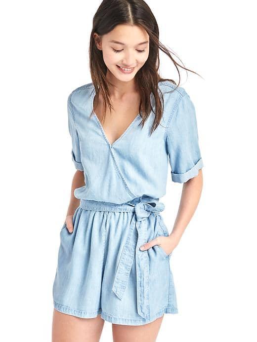Gap Women Tencel V Neck Wrap Romper - Light Bleached