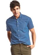 Gap Men Indigo Twill Micro Dot Short Sleeve Standard Fit Shirt - Denim