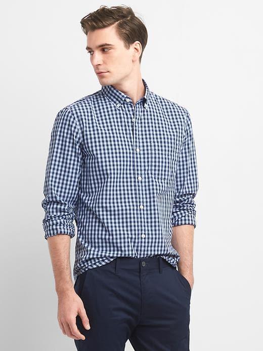 Gap Men Gingham True Wash Poplin Slim Fit Shirt - Sky Blue