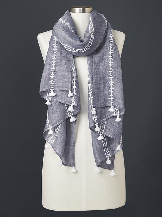 Gap Women Embroidered Tassel Scarf - Denim