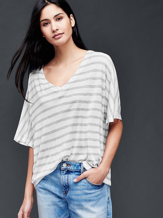Gap Open V Neck Stripe Tee - Heather Grey Stripe