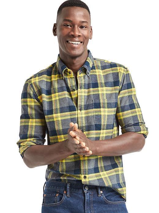 Gap Men Brushed Flannel Plaid Standard Fit Shirt - Pale Gold