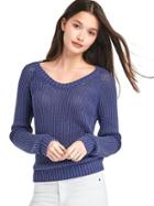 Gap Women V Neck Open Knit Sweater - Blue