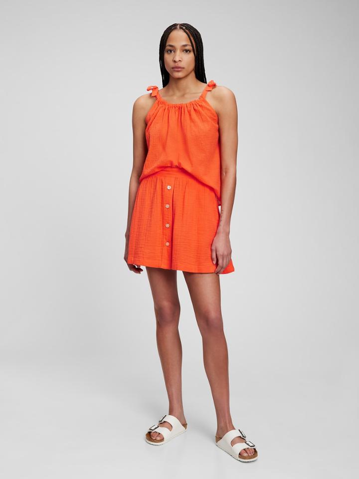 Crinkle Gauze Button-front Skirt