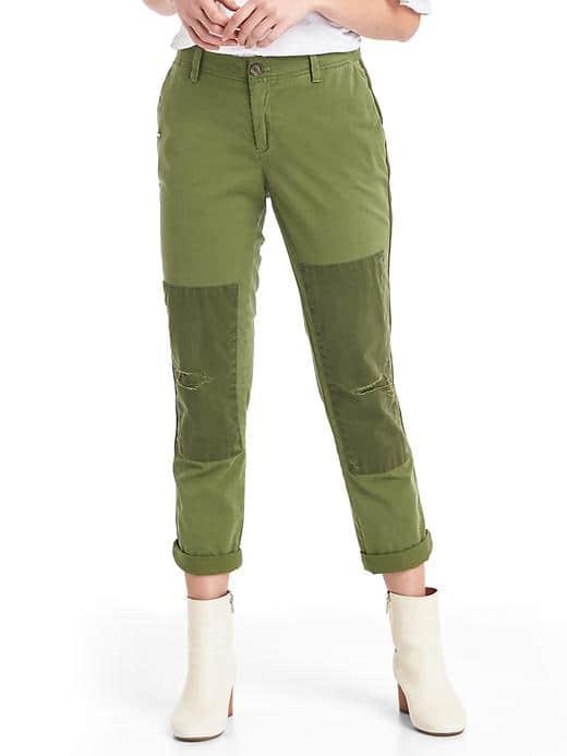 Gap Women Destructed Patch Girlfriend Chinos - Army Jacket Green