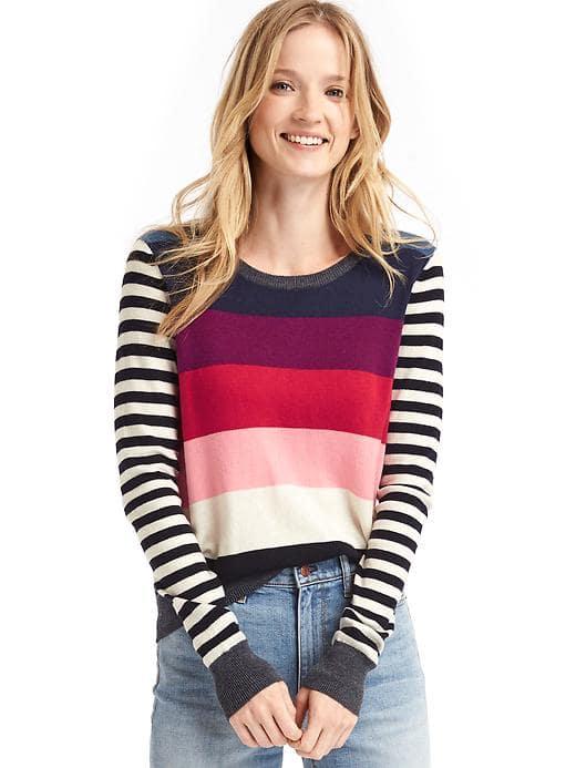 Gap Women Contrast Bright Stripe Crewneck Sweater - Pink Multi