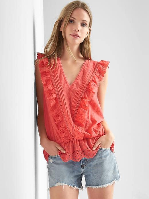 Gap Women Flutter Sleeve Peplum Top - Fresh Coral