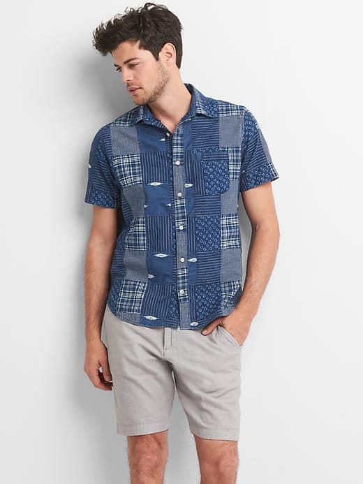 Gap Men Indigo Patchwork Shirt - Blue Patchwork