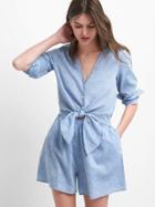 Gap Linen Cotton Tie Romper - Blue