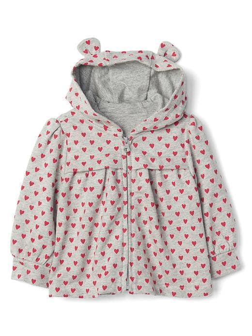 Gap Heart Print Zip Bear Hoodie - Gray