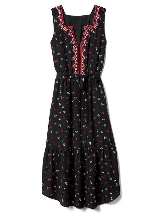 Gap Women Embroidery Midi Tier Dress - Black Print