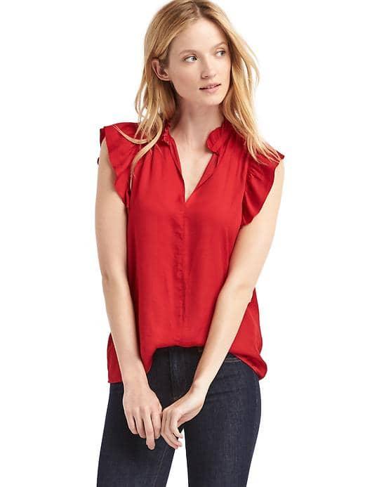 Gap Women Flutter Sleeve Split Neck Top - Red Sunset