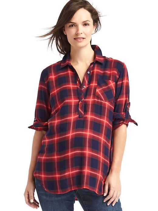Gap Plaid Convertible Henley Shirt - Red Plaid