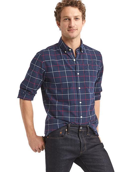 Gap Men Oxford Tattersall Plaid Standard Fit Shirt - Tapestry Navy
