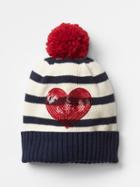 Gap Embellished Heart Stripe Pom Pom Beanie - Ivory Frost