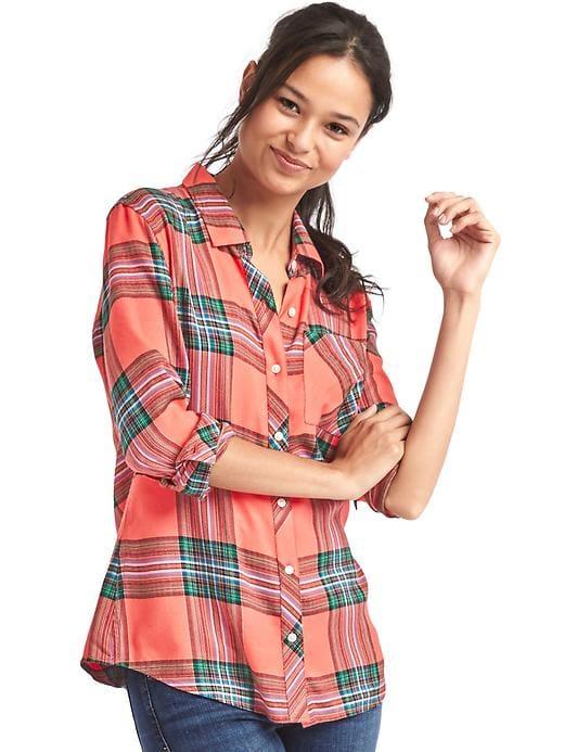 Gap Women Soft Plaid Boyfriend Shirt - Orange Plaid