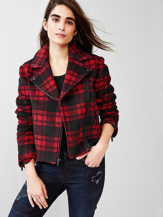 Gap Women Plaid Wool Moto Jacket - Red Plaid