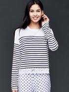 Gap Women Modal Mix And Match Lace Trim Longsleeve Tee - Stripe Dark Indigo