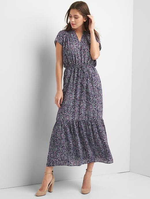 Gap Women Short Sleeve Maxi Tier Dress - Navy Floral