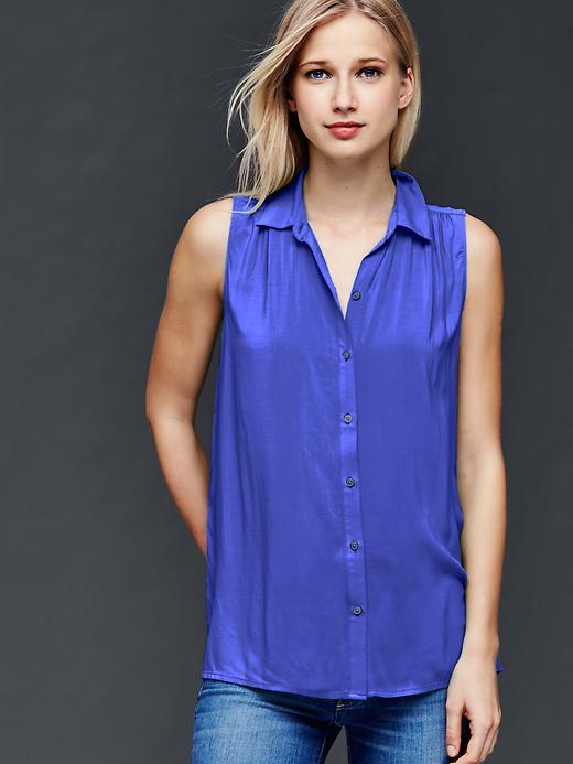 Gap Women Sleeveless Shirred Shirt - Mosaic Blue