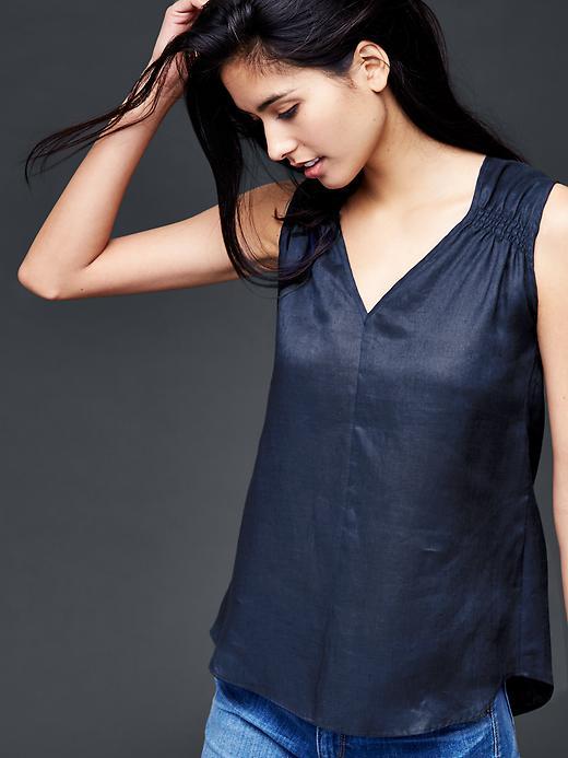 Gap Women Shirred Linen Tank - True Indigo