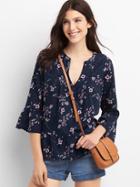 Gap Women Pintuck Bell Sleeve Top - Navy Print