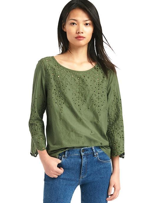 Gap Women Eyelet Three Quarter Sleeve Blouse - Jungle Green