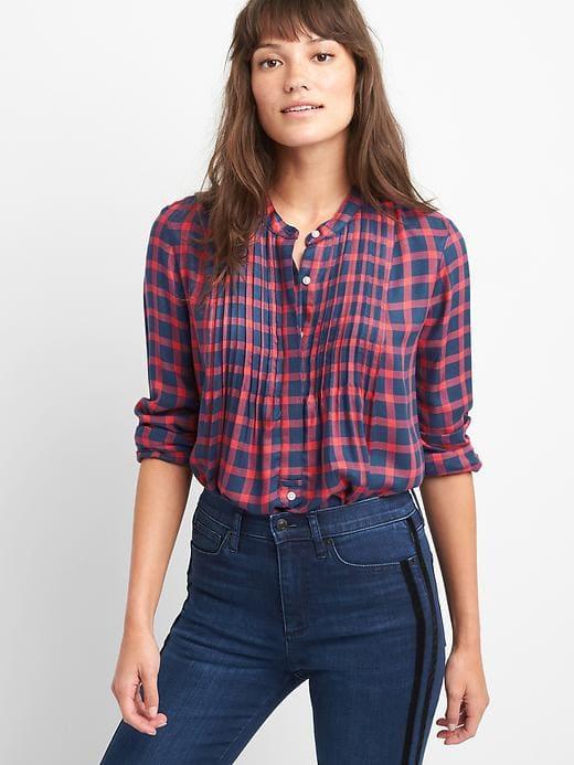Gap Women Plaid Pintuck Long Sleeve Shirt - Red & Blue Plaid