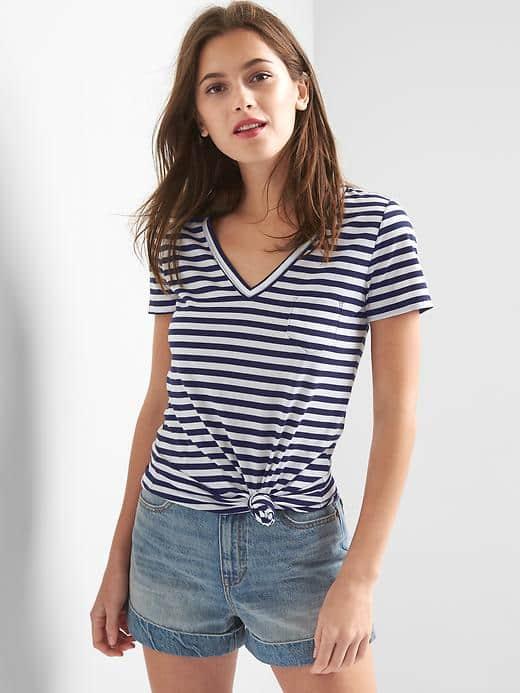 Gap Women V Neck Stripe Pocket Tee - Dark Night