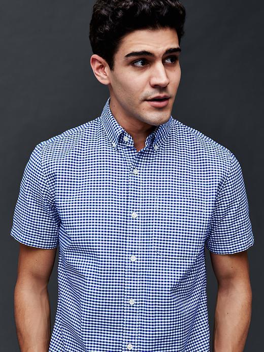 Gap Men Oxford Micro Gingham Short Sleeve Standard Fit Shirt - Brillant Blue